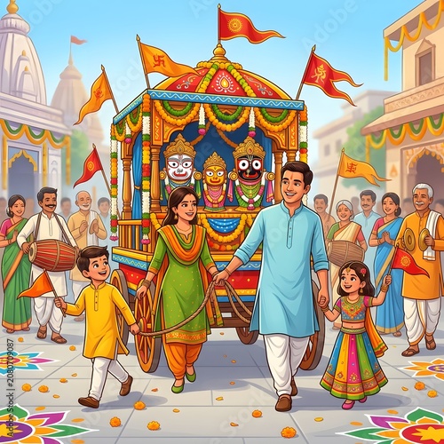 Family pulling chariot rope during traditional ratha yatra festival celebration in sunlight.