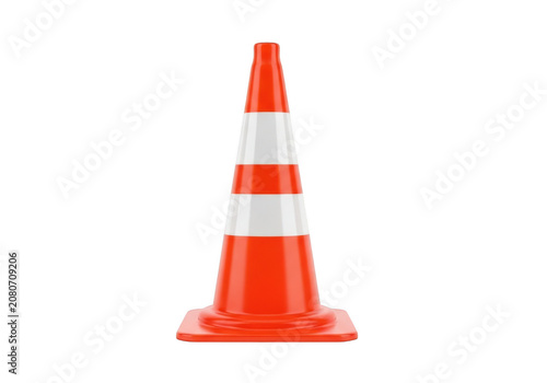 Bright orange traffic cone with white stripes standing upright