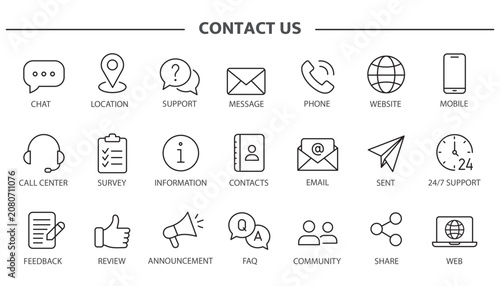 A set of Contact and Customer Support icons with editable outlines.