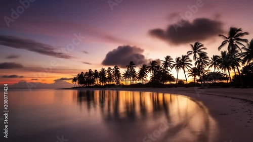 Tropical Sunset Paradise Vibrant Sky Reflected on Tranquil Beach with Palm Trees.