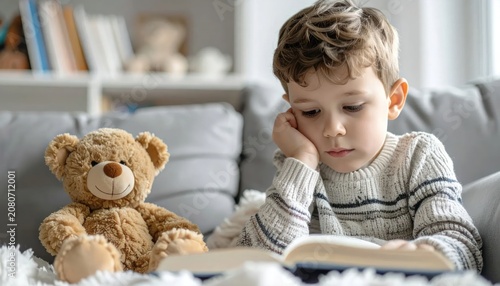Young boy reading book near teddy bear on sofa.