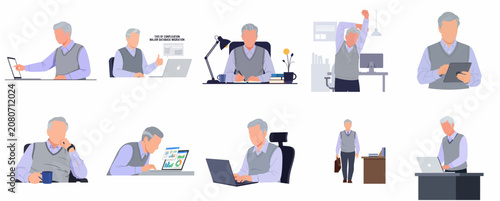 Senior Mature Businessman Working in Office with Technology Vector Illustration Set