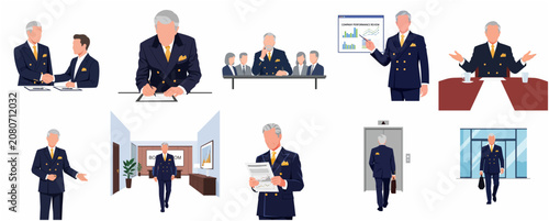 Collection of Senior Businessman Illustrations in Various Professional Office Activities and Corporate Scenarios