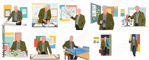 Senior architect professional at work collection featuring urban planning, city maps, and blueprints illustrations in a flat design style