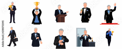 Set of Mature Businessman in Tuxedo Illustrations Celebrating Success and Awards Ceremony Events