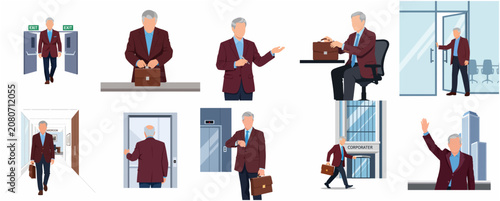 Set of Flat Vector Illustrations of a Senior Businessman in Various Office and Corporate Scenarios