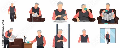 Vector illustration set of a senior businessman in various daily routine poses and activities