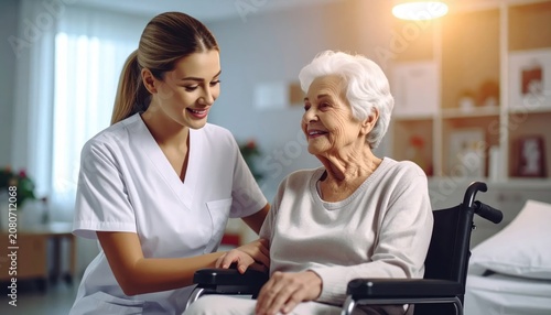 Young caregiver assisting elderly woman in wheelchair at home.