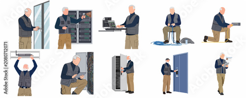 Set of illustrations featuring a senior IT technician performing network maintenance, server room security, and hardware installation in a data center environment