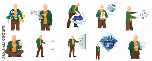 Senior Man Navigating Digital Technology and Cloud Computing Concept Set