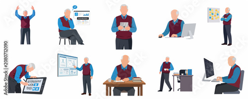 Senior businessman professional character set working with technology and data in office environment flat vector illustration