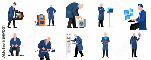 Set of professional senior engineers and scientists working with high-tech equipment flat vector illustration