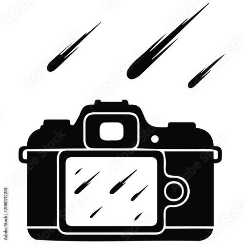 Camera recording meteor shower in night sky lens view vector silhouette line art image.