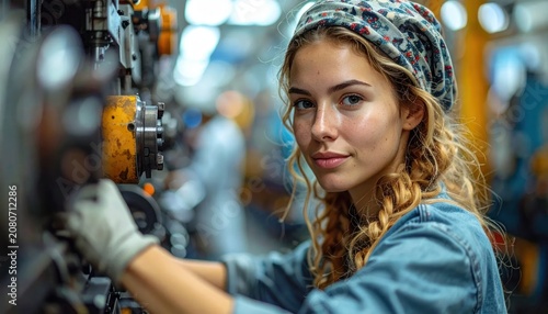 Young female technician working in mechanical workshop.