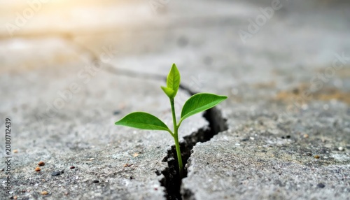 Young green seedling rising from a crack in stone.
