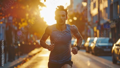 Young man jogging in city during warm sunset light.