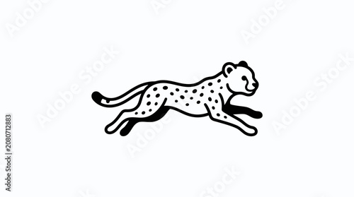 Black and white spotted wild cat leaping across a white background