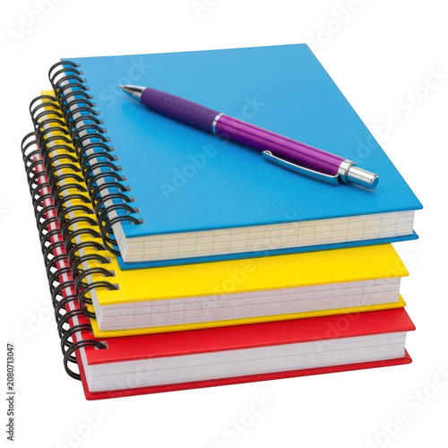 Cuadro en lienzo Stack of colorful spiral notebooks with a purple pen on top