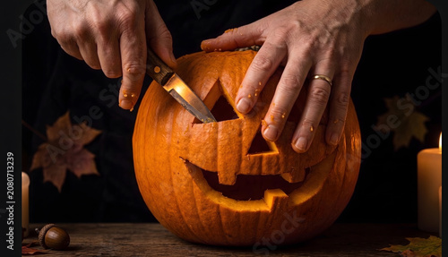 Hands cutting triangle eye on halloween pumpkin with knife near burning candles photo