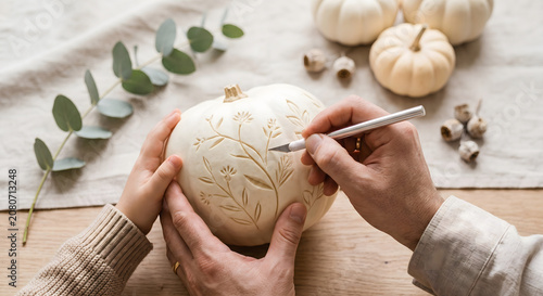 Person carving beautiful floral pattern on white pumpkin with craft knife top view photo