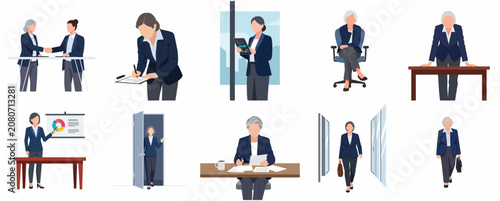 Professional senior businesswoman vector illustration set, corporate woman character in various office scenarios, leadership and management concept