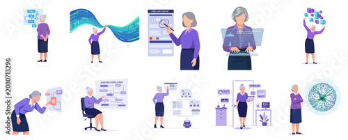 Set of flat illustrations featuring a senior businesswoman analyzing AI data, auditing flowcharts, and managing digital compliance reports