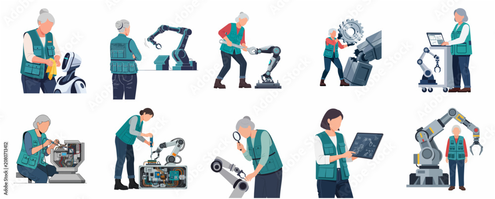 Fototapeta premium Collection of senior female engineers and technicians working with industrial robots and advanced automation technology.