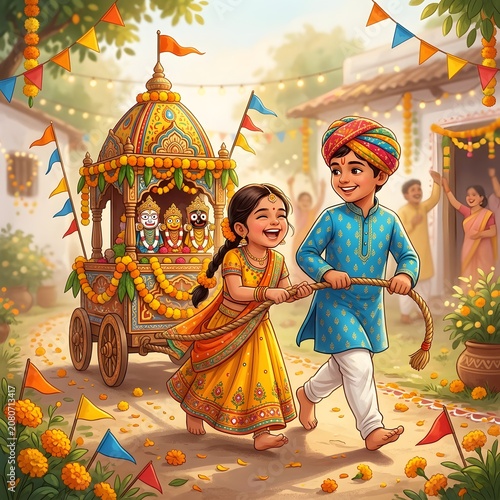 Children joyfully pull decorated ratha yatra chariot through a village pathway.