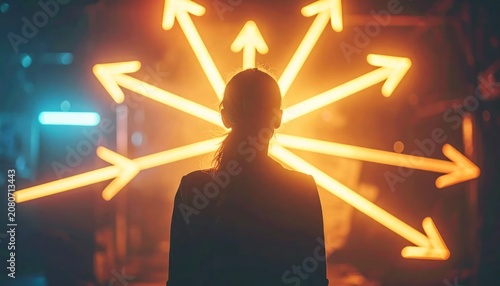 Young woman silhouette evaluating glowing direction choices.