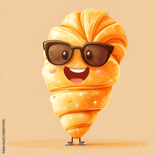 Funny and cool cartoon croissant character wearing stylish sunglasses.