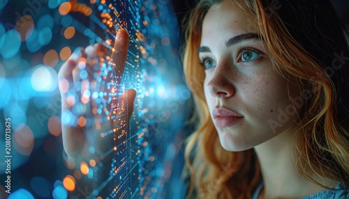 Young woman touching bright complex digital data grid.