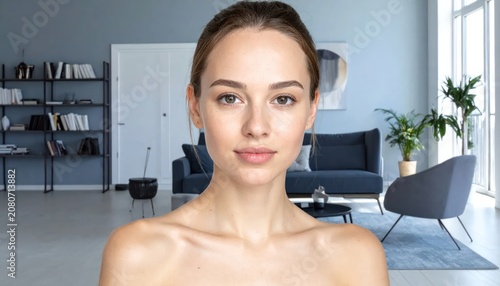Young woman with natural makeup in modern apartment.