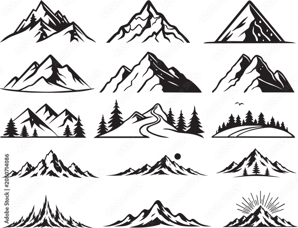 Fototapeta premium Mountain Landscape Vector Illustration with Pine Forest, Sunrise, and Minimal Flat Design