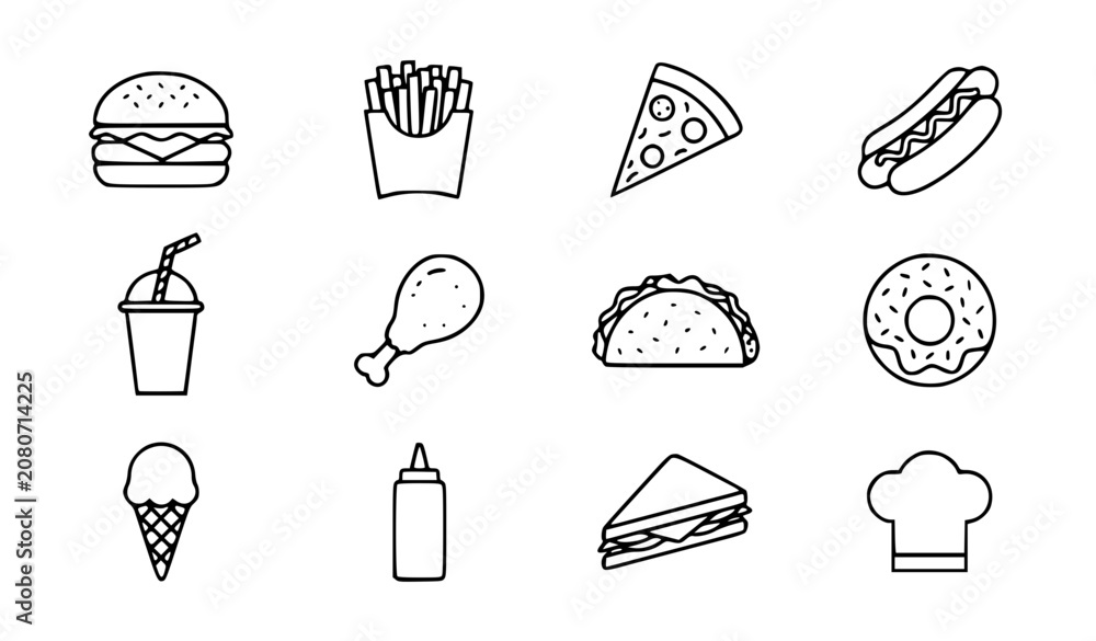 Fototapeta premium Fast food favorites vector icon set with simple bold line art classic complete burger fries pizza slice hot dog soda cup and restaurant cafe clip art black and white