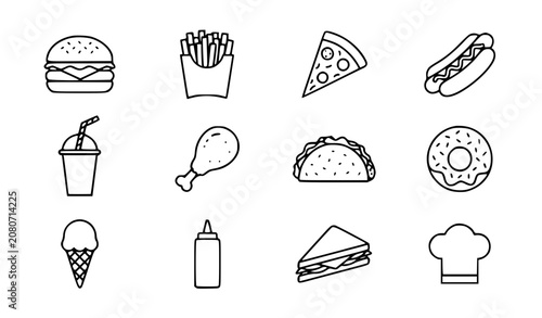 Schilderij op canvas Fast food favorites vector icon set with simple bold line art classic complete b