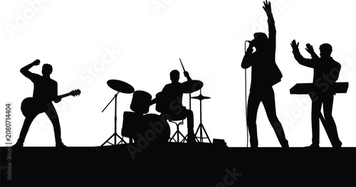 Silhouette of a rock band performing on stage with instruments and microphones music performance