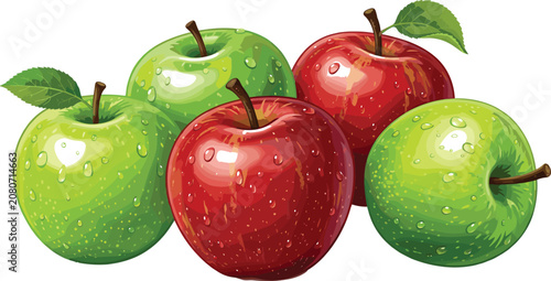 Tableau sur toile Fresh Red and Green Apples Group Vector Illustration with Realistic Water Drops