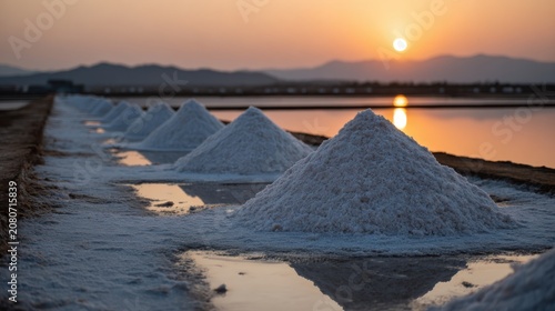 Salt piles on wet ground at sunset with mountains in the background, illustrating salt harvesting and natural resource extraction.
