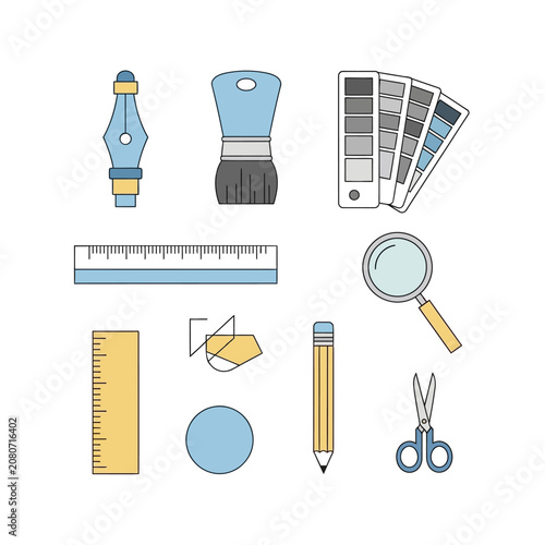 Set of vector line art icons representing drawing and painting tools on a white background