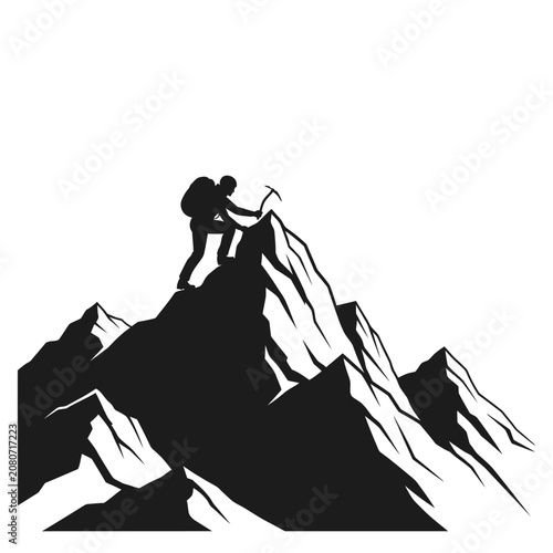 Silhouette of a hiker climbing a steep mountain peak with an ice axe