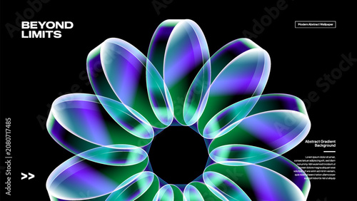 Abstract Circular Glass Petal Ring with Neon Gradient – Futuristic 3D Technology Background