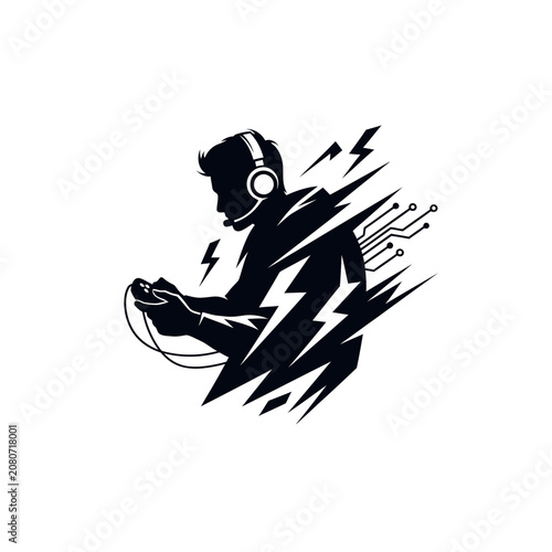 Silhouette of gamer with headphones and controller.