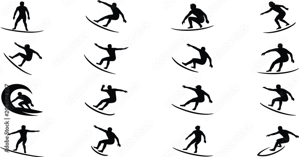 Fototapeta premium Surfing silhouette collection featuring surfers riding ocean waves dynamic water sports action poses isolated vector illustration set