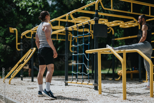 Photography Two men perform outdoor fitness exercises at a yellow calisthenics training station