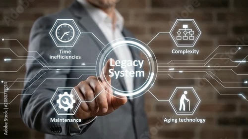 A businessman pointing at a legacy system bottlenecks on digital dashboard during strategy for cloud migration from legacy systems