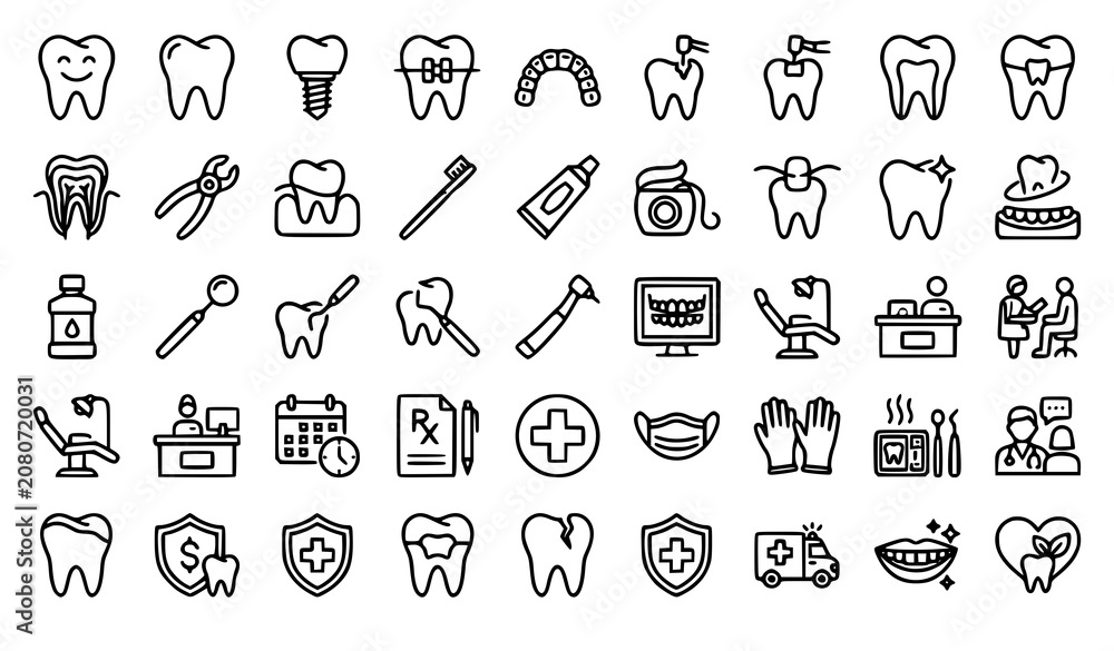 Naklejka premium dentistry, dental, tooth, teeth, healthcare, medicine, oral, hygiene, implant, aligner, braces, extraction, filling, rootcanal, toothbrush, floss, mouthwash, clinic, doctor, patient, outline, icon, ed