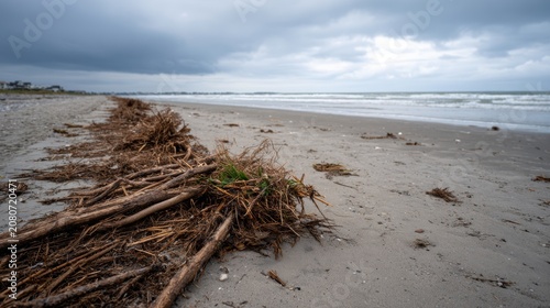 A beach scene with scattered driftwood and seaweed on the sandy shore. Overcast sky with gray clouds and gentle waves in the background.
