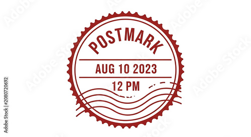 Red circular postmark stamp with date and time isolated on a white background in vintage style