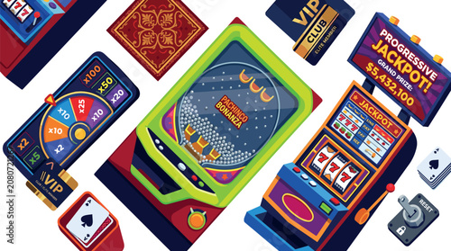 Cuadro en lienzo Casino Gambling Vector Set with Pachinko Bonanza Machine Progressive Jackpot Slo