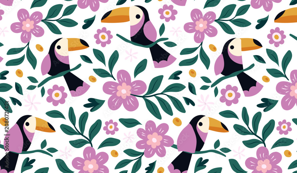 Fototapeta premium Cute toucan bird seamless pattern with tropical flowers and leaves vector illustration.